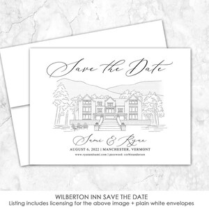 Wilberton Inn, Manchester, Vermont, Save the Date, Venue Save the Date, Custom Venue, line drawing, custom etching