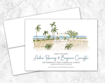 Halekulani Hotel Save the Date, Hawaii Save the Date, Custom Venue, Watercolor Painting, Custom Watercolor