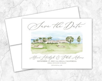 La Jolla Golf Club Save the Date, San Diego Save the Date, Custom Venue, Watercolor Painting, Custom Watercolor