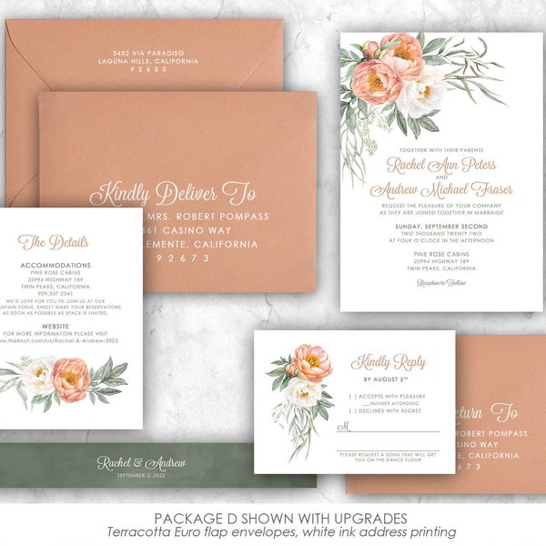 Terracotta Wedding Invitation, terra cotta wedding invite, orange, sienna, peach, peonies