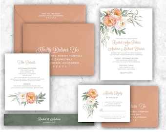 Terracotta Wedding Invitation, terra cotta wedding invite, orange, sienna, peach, peonies