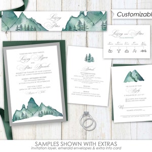 Mountain Wedding Invitations, forest wedding invitation, pine tree, wedding invites, greenery, mountain, forest, green, watercolor image 2