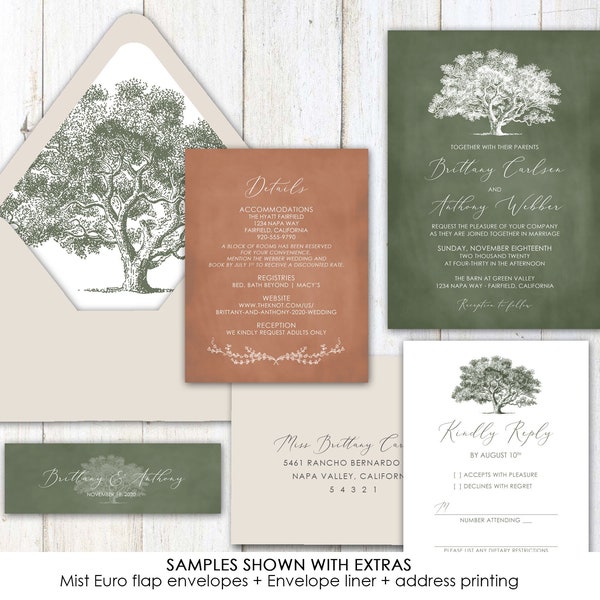 Oak Tree Wedding Invitation, ANY COLOR, Tree wedding invitation set, simple, natural, outdoor wedding invitations, green, blue, rush, purple