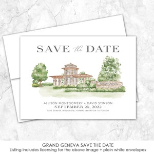 Grand Geneva watercolor Save the Date | Lake Geneva, Wisconsin | hand-painted venue art for save the dates or wedding invitations