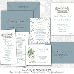 The Lace House Wedding Invitation, custom venue wedding invitation, South Carolina, custom painted wedding venue, Line drawing, etching