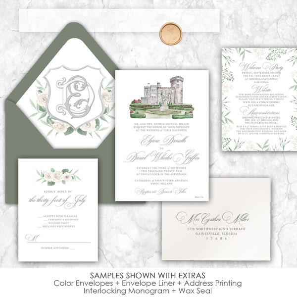 Dromoland Castle Wedding Invitation, Ireland, custom venue wedding invitation, Venue wedding invitation, Irish wedding