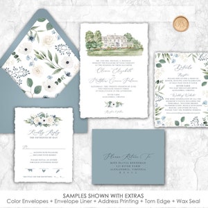 May include: A wedding invitation suite with a watercolor design featuring white flowers and blue leaves. The invitation includes the couple's names, wedding date, and location. The RSVP card includes a response section for guests to indicate their attendance. The details card includes information about the reception and wedding website.