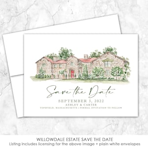 Willowdale Estate Save the Date, Topsfield Massachusetts, Estate Venue Save the Date, Custom Venue, Watercolor Painting, Custom Watercolor