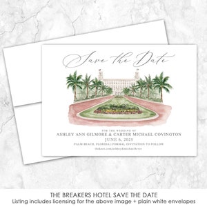 The Breakers Hotel Save the Date, Palm Beach Save the Date, Florida, Custom Venue, Watercolor Painting, Custom Watercolor