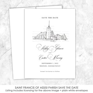 Saint Francis of Assisi Parish Weston Save the Date, Weston, Connecticut, Venue Save the Date, Custom Venue, line drawing, custom etching
