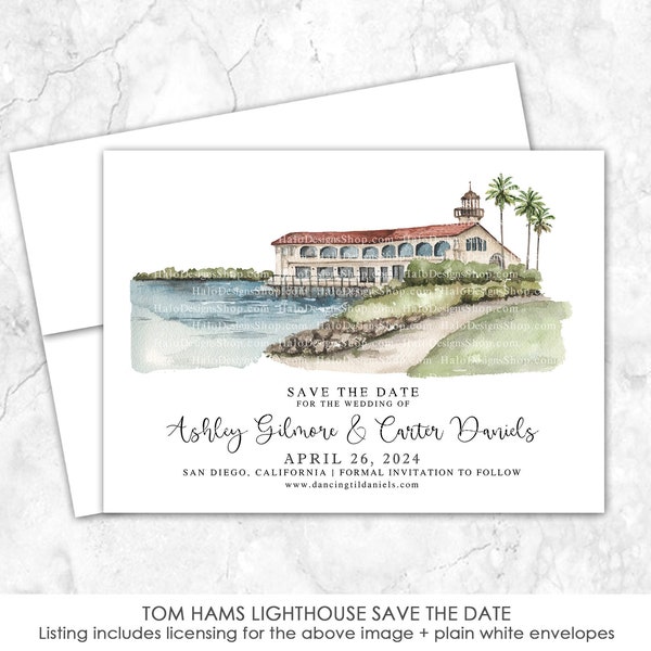 Tom Hams Lighthouse Save the Date, San Diego Save the Date, Custom Venue watercolor, venue water color, custom wedding venue art, San Diego