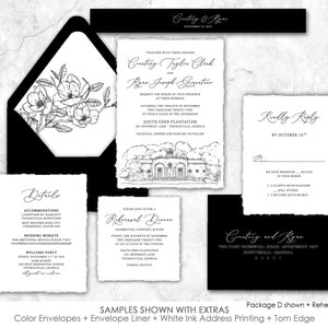 May include: Black and white wedding invitation suite with torn edges. The invitation features a black and white illustration of a building with the text "Country Taylor Clark and Ryan Joseph Gunter" and "South Eden Plantation". The RSVP card has the text "Kindly Reply by October 15th". The details card has the text "Details" and "Accommodations". The rehearsal dinner card has the text "Please join us for a Rehearsal Dinner celebrating Courtney & Ryan".