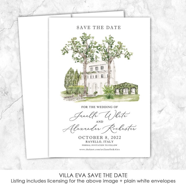 Villa Eva Save the Date, Italy, Italian, Destination, Venue, Watercolor Venue Illustration, Amalfi Coast, Ravello, Positano