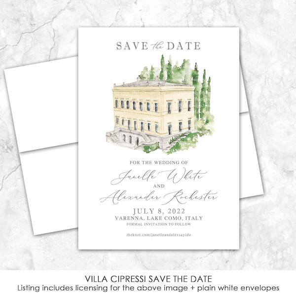 Villa Cipressi, Save the Date, Italy, Italian, Destination, Venue, Watercolor Venue Illustration, Lake Como
