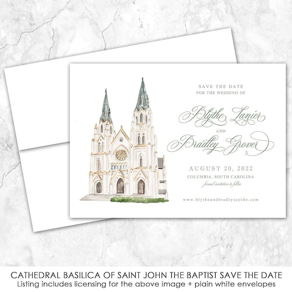 Cathedral Basilica of St. John the Baptist Save the Date, Estate Venue Save the Date, Custom Venue, Watercolor Painting, Custom Watercolor