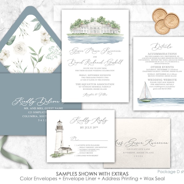 Seaside venue wedding invitation, custom painted wedding venue, California wedding, Rhode Island, Massachusetts, Florida, oceanfront wedding