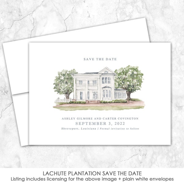 LaChute Plantation Save the Date, Shreveport, Louisiana Venue Save the Date, Watercolor Painting, Watercolor Venue Illustration
