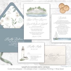 Cromaine Hall, Waldenwoods, Michigan, Seaside venue wedding invitation, custom painted wedding venue, California wedding,