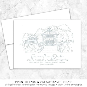 Pippin Hill Farm & Vineyards Save the Date, Virginia Save the Date, Custom Venue, sketch, line drawing, Vineyard, farm