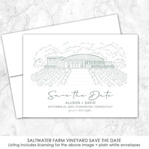 Saltwater Farm Vineyard Save the Date, Connecticut Venue Save the Date, Custom Venue, line drawing, custom etching