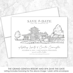 Grand Geneva Sketch Save the Date | Lake Geneva, Wisconsin | hand-drawn venue line drawing for save the dates or wedding invitations