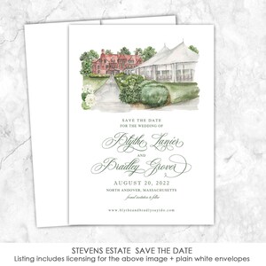 Stevens Estate Save the Date, Vermont Save the Date, Custom Venue, Watercolor, Andover, Massachusetts
