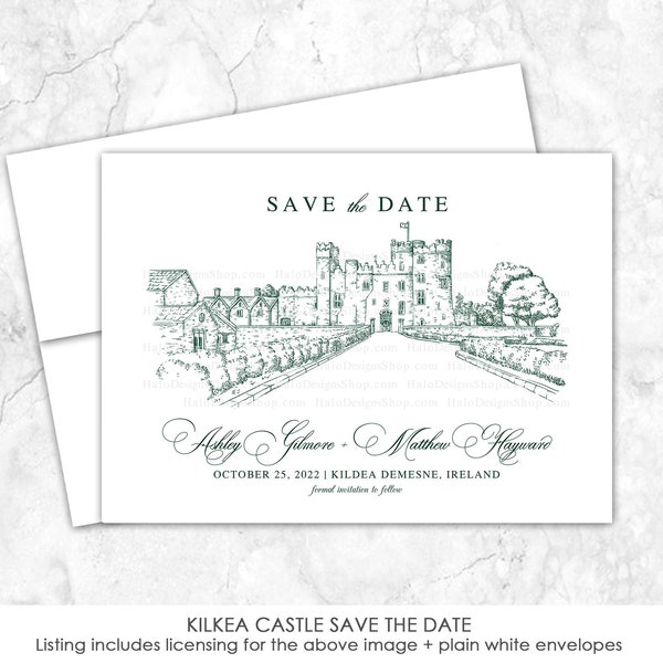 Kilkea Castle Save the Date, Estate Venue Save the Date, Castle, Custom Venue, Line drawing, sketch, etching, Ireland, Irish castle,