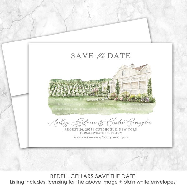 Bedell Cellars Save the Date, Cutchogue, New York, Vineyard Venue Save the Date, Venue, Watercolor Painting, Watercolor Venue Illustration