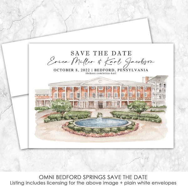 Omni Bedford Springs, Bedford, Pennsylvania,  Save the Date, Save the Date, Custom Venue, Watercolor, resort, hotel