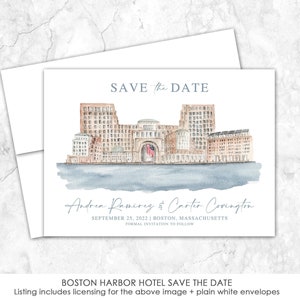 May include: Save the Date card featuring a watercolor illustration of the Boston Harbor Hotel. The card is white with blue and brown accents. The text reads "Save the Date" in a blue font, followed by "Andrea Ramirez & Carter Covington" in a black font. The date "September 25, 2022" and the location "Boston, Massachusetts" are printed in black below the names. The text "Formal Invitation to Follow" is printed in black at the bottom of the card.