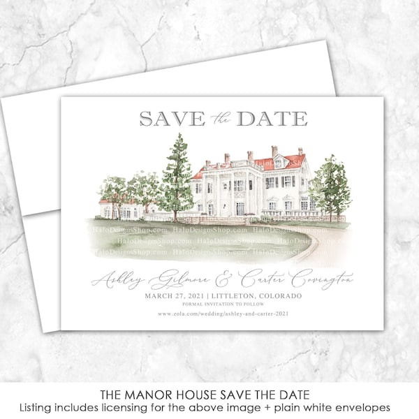 The Manor House Save the Date, Littleton, Colorado Save the Date, Custom Venue, Watercolor Painting, Custom Watercolor