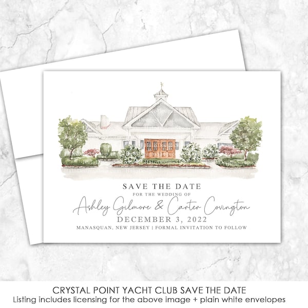 Crystal Point Yacht Club Save the Date, New Jersey, Destination, Venue Save the Date, Custom Venue, Painting, Watercolor, Manasquan