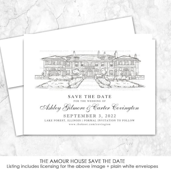 The Armour House Save the Date, Illinois Save the Date, Custom Venue, line drawing, custom etching, venue illustration