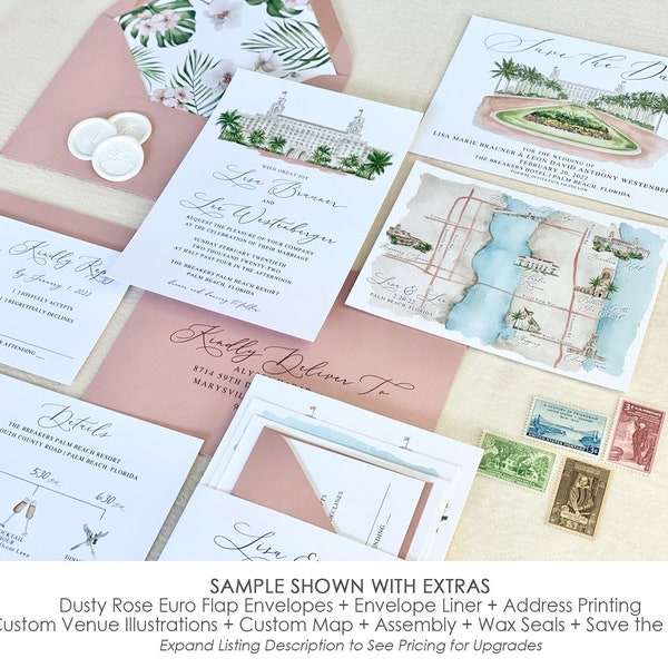 The Breakers Hotel Palm Beach Wedding Invitation, custom venue wedding invitation, Palm Beach, custom painted wedding venue