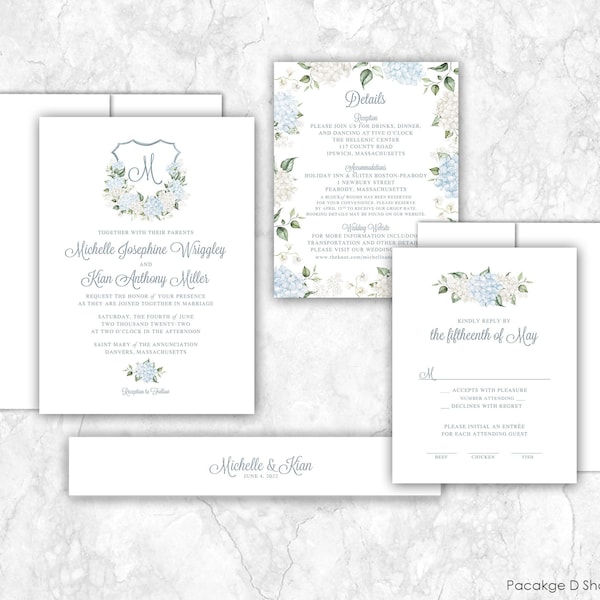 Hydrangea Floral Wedding Invitation, Wedding crest Classic wedding, blue and white hydrangea