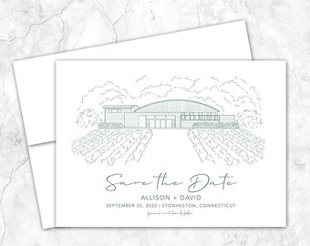 Saltwater Farm Vineyard Save the Date, Connecticut Venue Save the Date, Custom Venue, line drawing, custom etching