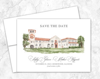 Ravisloe Country Club Save the Date, Illinois Venue Save the Date, Venue, Watercolor Painting, Watercolor Venue Illustration, Homewood