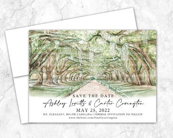 Avenue of the Oaks Save the Date, Boone Hall and Gardens, Spanish Moss Oak Save the Date, Custom Venue, Southern Oak, Wormsloe