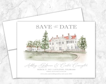 The Manor House Save the Date, Littleton, Colorado Save the Date, Custom Venue, Watercolor Painting, Custom Watercolor