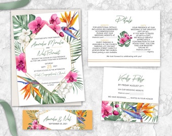 Tropical colorful Wedding Invitations, botanical, bird of paradise, orchid, Hawaiian, California, Florida, Mexico, destination, beach,