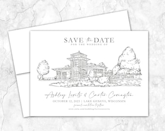 Grand Geneva Save the Date Line drawing, Wisconsin Save the Date, Custom Venue, Etching, Sketch