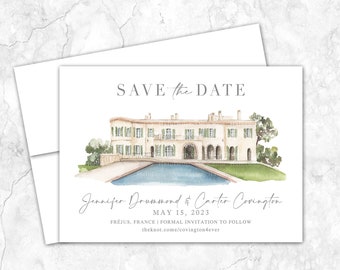 Lou Casteou Save the Date, France, French, Destination, Venue, Watercolor Venue Illustration