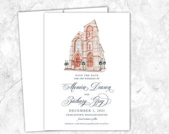 Saint Mary's Church Save the Date, Charlestown, Massachusetts, Venue Save the Date, Custom Venue, Watercolor, Cathedral, chapel, church