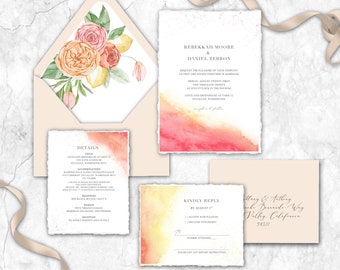 Colorful bright citrus Wedding Invitation, wedding invitations, lemons, yellow, pink, coral, orange, citrus, Greek, Mediterranean