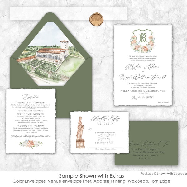 Villa Corsini A Mezzomonte Wedding Invitation, custom venue wedding invitation, venue illustration, Italy, destination, Florence