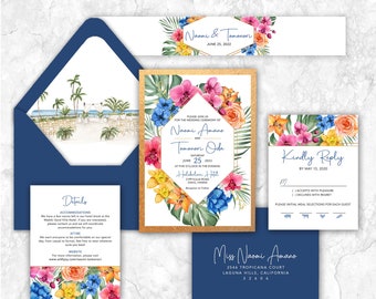 Tropical colorful Wedding Invitations, Royal Blue, botanical, Hawaiian, California, Florida, Mexico, destination, beach,