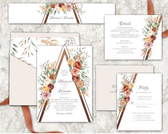 Fall Boho Wedding invitation, burnt orange, Fall wedding invitations, autumn, burgundy, sienna, orange, geometric, triangle, any color