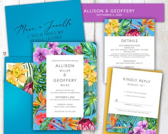 Colorful Tropical Wedding Invitation, Hawaiian, destination, Destination wedding invitations, mexico, florida, beach