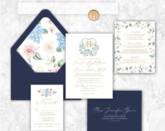 Hydrangea Floral Wedding Invitation, Wedding crest Classic wedding, blue, navy, roses, pink, green