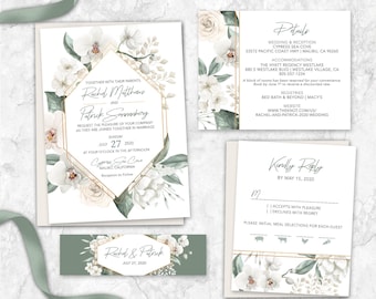 Botanical Wedding Invitations, white, gold, orchid, garden wedding, tropical, orchid, sage, all white, ANY COLOR